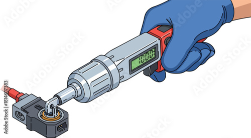 Closeup of a hand in a blue glove using a torque wrench to tighten a bolt on an electrical connector.