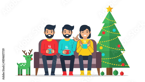 Festive Moments: Three individuals sharing warmth and camaraderie, sipping from mugs near a vibrant Christmas tree, creating a heartwarming scene of festive joy.