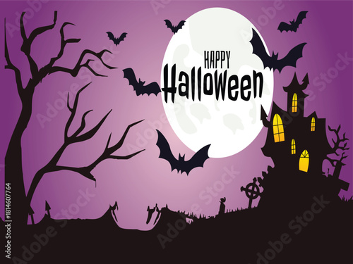 Happy Halloween Background with Haunted House Bats Dead Tree and Full Moon on Purple Sky
