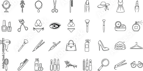 Beauty icons silhouette, fashion tools, personal care, makeup items, hair accessories, perfume, jewelry, mirror, lipstick, black symbols, elegance