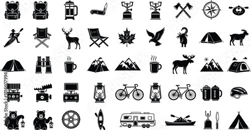 Camping icons silhouette, outdoor gear, nature wildlife, adventure tools, hiking equipment, RV camper, mountain range, compass, campfire, black symbols