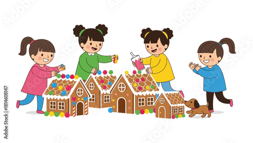 Decorating Dream: Children's joyous moment of constructing and embellishing a festive gingerbread village, embodying the enchantment of seasonal celebrations and shared creative activity.