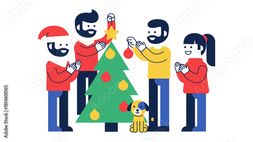 Family Christmas Tree Decoration: A family, filled with festive cheer, gathers to decorate the Christmas tree, capturing a moment of seasonal joy and togetherness.