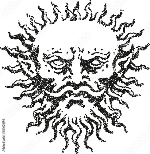 Mystic sun god face with flowing flame hair, stipple vector illustration for occult tattoo, tarot card, logo and esoteric poster design 

