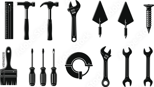 Construction tools silhouette, hand tools, black icons, wrench, hammer, screwdriver, paintbrush, ruler, clamp, spade, trowel, maintenance gear