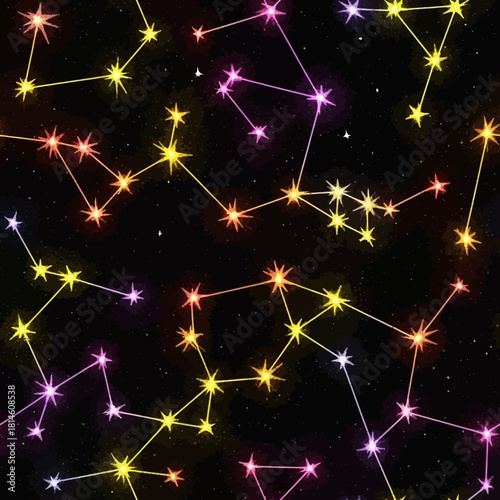 Vibrant constellation map with glowing star patterns on black cosmic background for astrology projects and sky guides