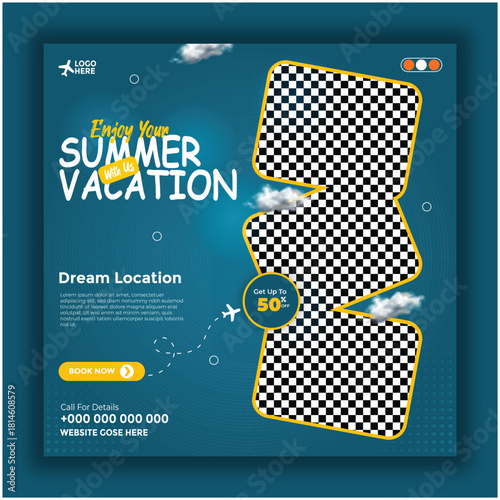 Summer vacation travel social media post template with scenic destinations