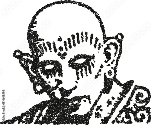 Bald tattooed man head vector illustration with pierced ears in gritty stipple dotwork style