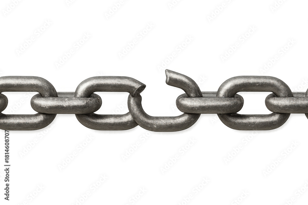 Fototapeta premium Metal chain link breaking, illustrating concepts of freedom, stress, vulnerability, and release. Transparent background