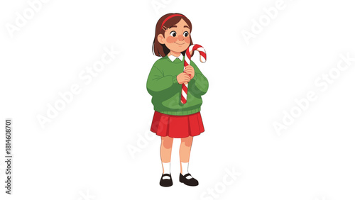 Holiday Sweetness: A young girl, full of cheer, clutches a candy cane, a symbol of the joyful holiday season. capturing the innocence and wonder