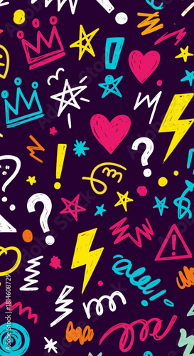 Vibrant doodles create a fun, colorful pattern perfect for youthful designs and playful backgrounds