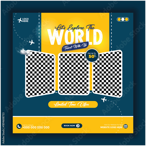 Travel social media post template for exploring the world with special offer