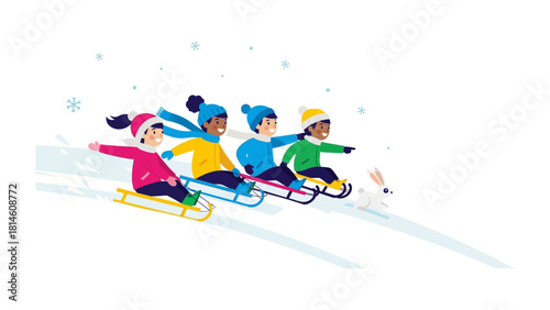 Joyful Snow Day: Children revel in winter's embrace, speeding down a snowy slope on sleds, a scene filled with laughter and the thrill of the season.