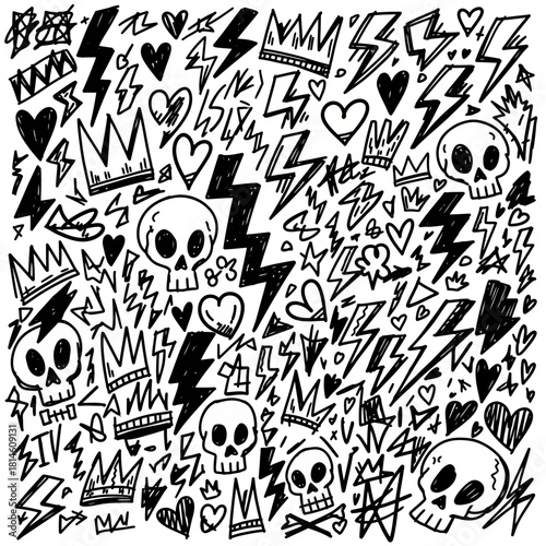 Trendy black and white doodles with skulls, lightning bolts, hearts, and crowns for edgy designs