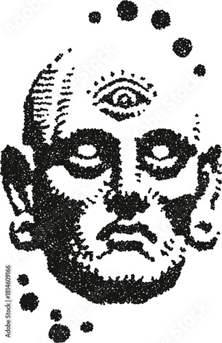 Three eyed mystic face vector illustration with third eye and beard in spiritual stipple dotwork style
