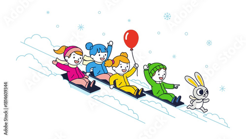 Winter Fun in the Snow: joyful children and a playful bunny enjoy the snowy hill, racing down the slope on sleds, balloons aloft, capturing the carefree spirit of winter.