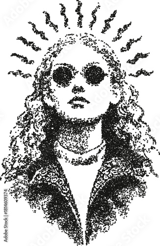Woman portrait with long curly hair and sunglasses in cool vintage stipple dotwork style
