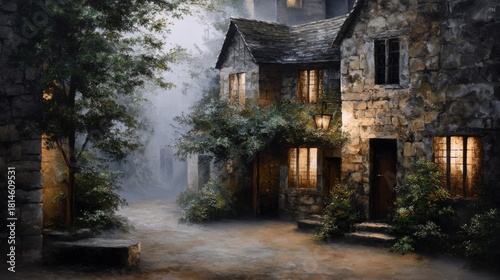 Fototapeta Naklejka Na Ścianę i Meble -  Small medieval village in the forest, stone houses with wooden doors and windows illuminated at night, soft light illuminates the cobblestone paths, fantasy style, oil painting.
