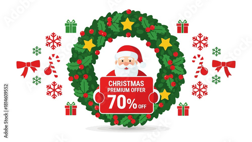 Festive Holiday Deals: Santa Claus holds a sign, advertising a premium Christmas offer of 70% off within a vibrant wreath, surrounded by holiday ornaments. 