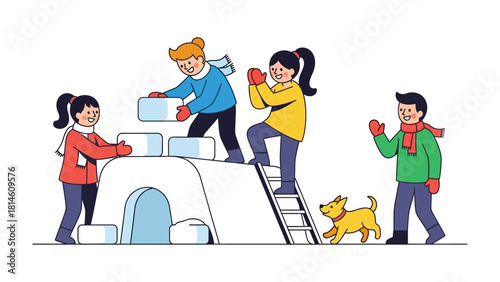 Building Igloo Together: Illustrates the joy of collaboration as children build an igloo, a testament to the power of teamwork and wintertime fun.