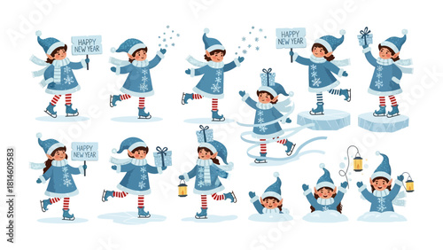 Festive New Year Collection: Whimsical illustrations capture joyful moments of the holiday season, from ice skating to gift-giving, each character radiating the spirit of the new year.