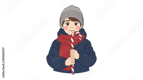 Winter Wonderland Treat: A cheerful boy, bundled up in warm winter wear, holds a festive candy cane, embodying the joyous spirit of the season.