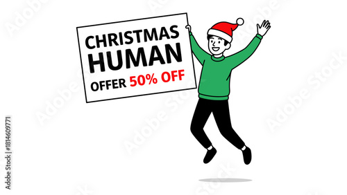 Holiday Cheer: A cartoon character with a santa hat joyfully announces a Christmas offer with a sign in hand. This scene radiates holiday cheer and excitement.