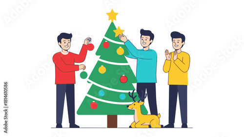 Festive Christmas Decoration: A trio of enthusiastic individuals collaborate to adorn a vibrant, green Christmas tree, their collective effort bringing the magic of the holiday season to life.