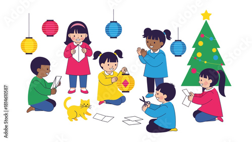 Creative Festivities: A lively gathering of children engaged in crafting and festive preparations, amidst colorful lanterns and a decorated tree, embodying the spirit of creativity and togetherness.