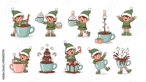 Whimsical Elf's Hot Chocolate Adventure: A collection of charming elves joyfully engaging in the creation of hot chocolate. Their actions showcase the simple pleasures of the season.