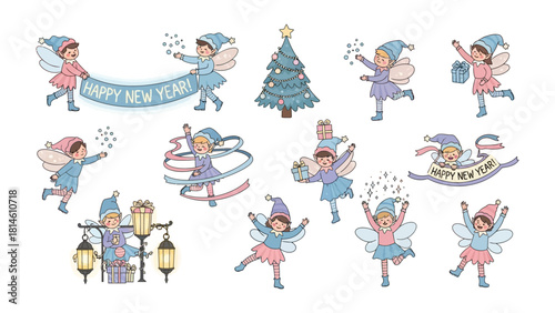 Whimsical New Year Fairies: A vibrant collection of festive fairies with wings, celebrating the joy of the New Year, full of festive spirit and cheer.