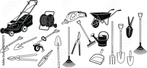 Gardening tools silhouette, outdoor equipment, black icons, lawnmower, shovel, rake, watering can, wheelbarrow, chainsaw, garden fork, pruning shears