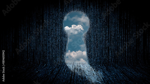 Through the keyhole a digital world reveals a bright sky data binary