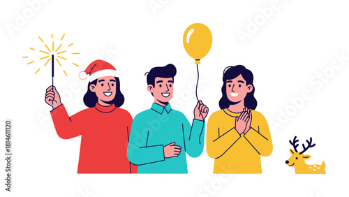 Celebratory Spark: Friends gathered, lighting a sparkler, holding a balloon, and celebrating a festive event. This image captures the essence of happiness and togetherness.