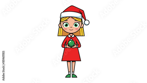 Holiday Cheer in Red and Green: A cheerful young girl embodies the spirit of the holiday season, radiating joy in her festive attire while holding a Christmas ornament.