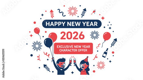 New Year's Celebration in 2026: A vibrant and celebratory design for the new year 2026, filled with festive elements like fireworks, balloons, and joyful characters, celebrating new beginnings.
