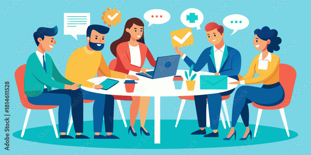 Obraz premium Meeting with five professionals discussing strategies at round table, flat vector corporate teamwork concept illustration