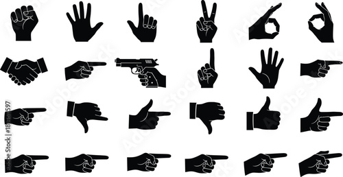 Hand gesture icons, silhouette hands, black symbols, peace sign, thumbs up, pointing fingers, OK sign, fist, communication symbols, expressive hands