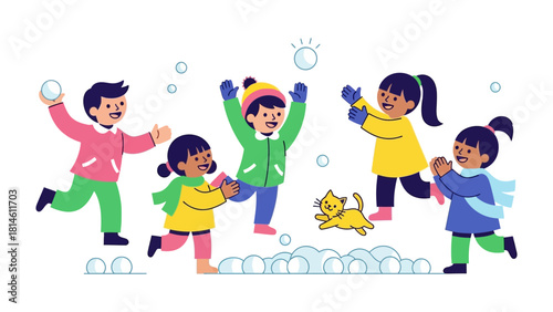 Winter Fun: A joyous group of children engage in a playful snowball fight, embracing the magic of winter and the innocence of childhood.