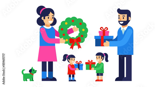 Holiday Cheer: Family exchange gifts, a symbol of togetherness and the warmth of holiday season, each detail narrates stories of happiness.