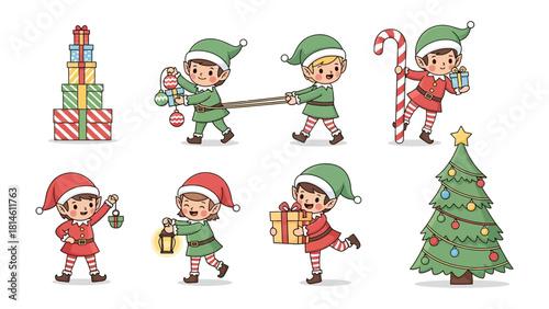 Holiday Cheer: Adorable elves busily prepare for the holiday season, decorating a festive tree, wrapping gifts, and carrying holiday-themed props. Capturing the enchantment and anticipation.