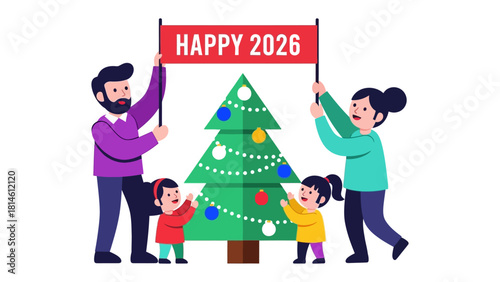 Joyful Family Christmas 2026: A warm family is cheerfully decorating Christmas tree, a symbol of togetherness and anticipation for the coming New Year, with Happy 2026 banner above. 