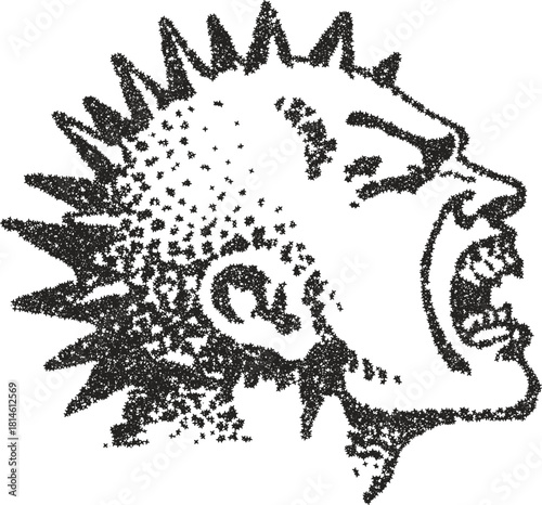 Screaming punk head profile with mohawk and studded collar in gritty stipple dotwork style

