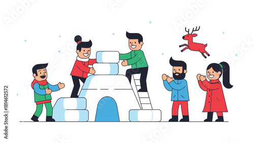 Winter Wonderland Creation: A group of friends enthusiastically builds an igloo in a snowy landscape, embodying the spirit of winter fun and camaraderie with a touch of whimsy.