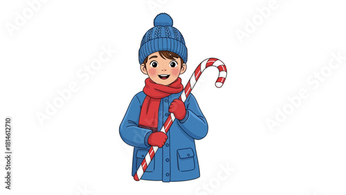 Winter Wonderland's Sweet Treat: A cheerful boy, bundled in warm winter clothing, gleefully clutches a giant candy cane, embodying the joy and anticipation of the festive season.