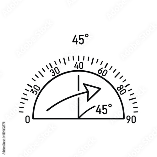 Line art icon illustrating a 45 degree angle measurement using a protractor scale, isolated on