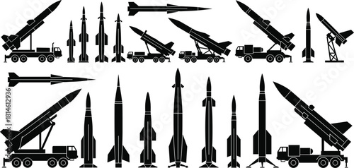 Missile silhouette icons, rocket launchers, military weapons, defense systems, tactical gear, black symbols, aerospace tools, war technology, strategic platforms