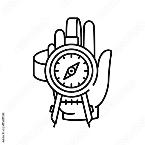 Line art icon of a hand holding a navigational compass isolated on for travel concept