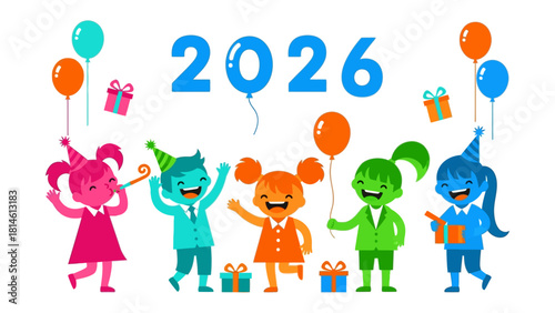 New Year Celebration: Cheerful children in festive attire celebrate the arrival of the New Year, their excitement palpable amidst colorful balloons and wrapped gifts.