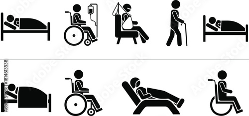 Patient care icons, medical condition, healthcare silhouette, wheelchair, hospital bed, injury recovery, mobility aid, rehabilitation, black symbols, treatment stages
